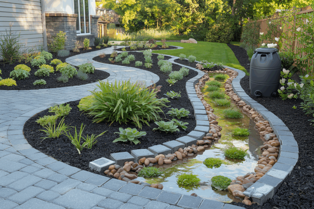 eco-friendly yard drainage system in a landscaped residential setting