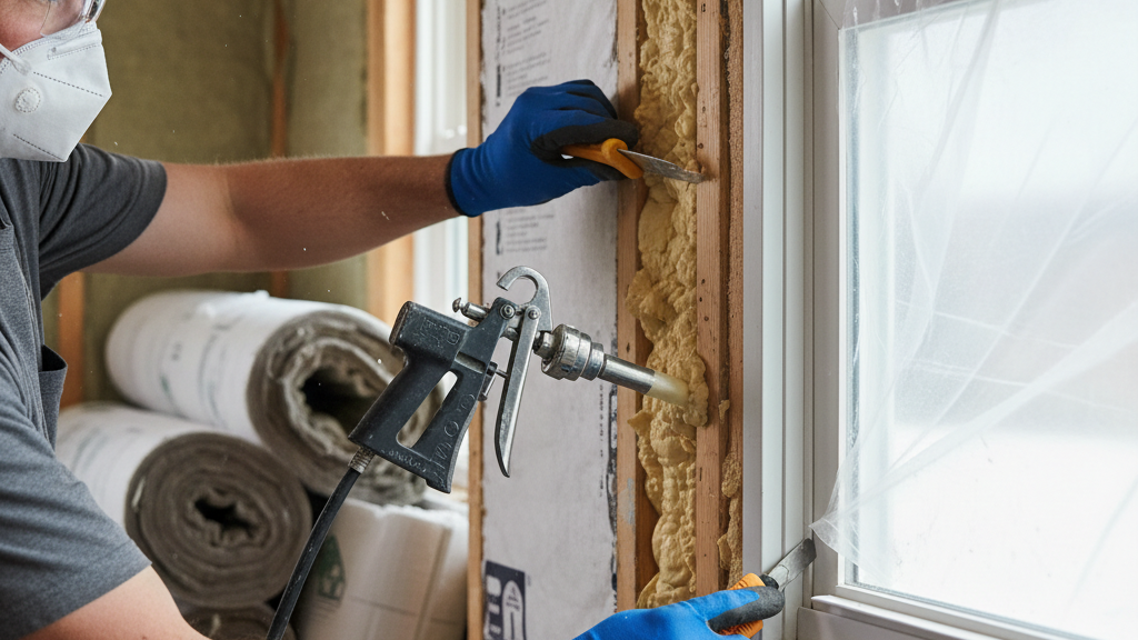 Contractor air sealing and insulating wall to reduce heat loss during Indiana winters.