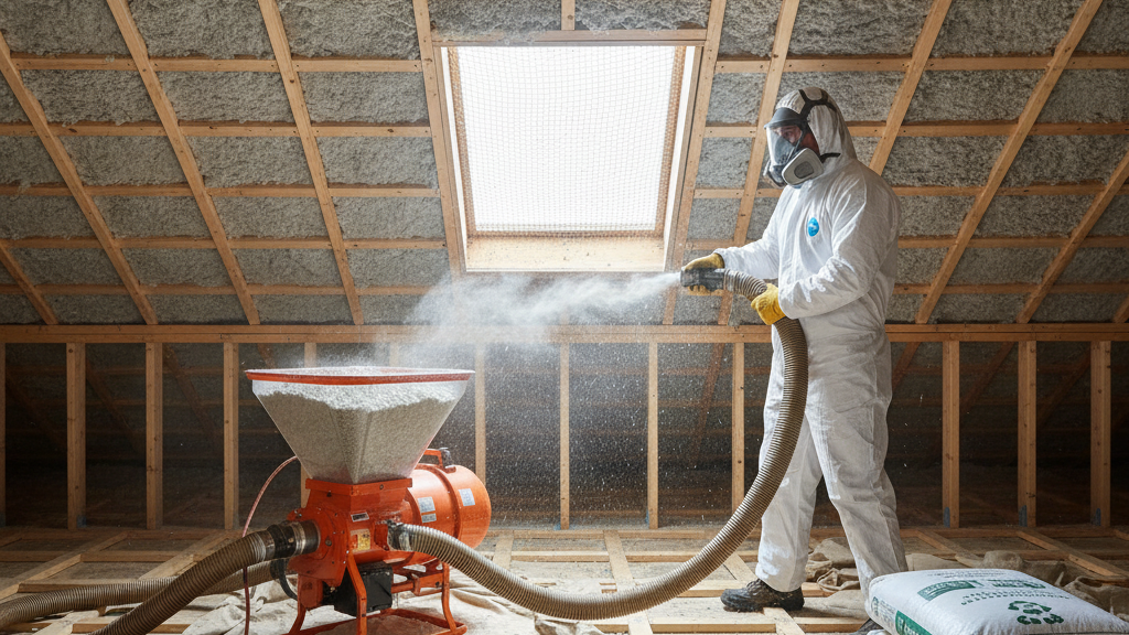 Technician installing attic insulation to improve energy efficiency in an Indiana home.