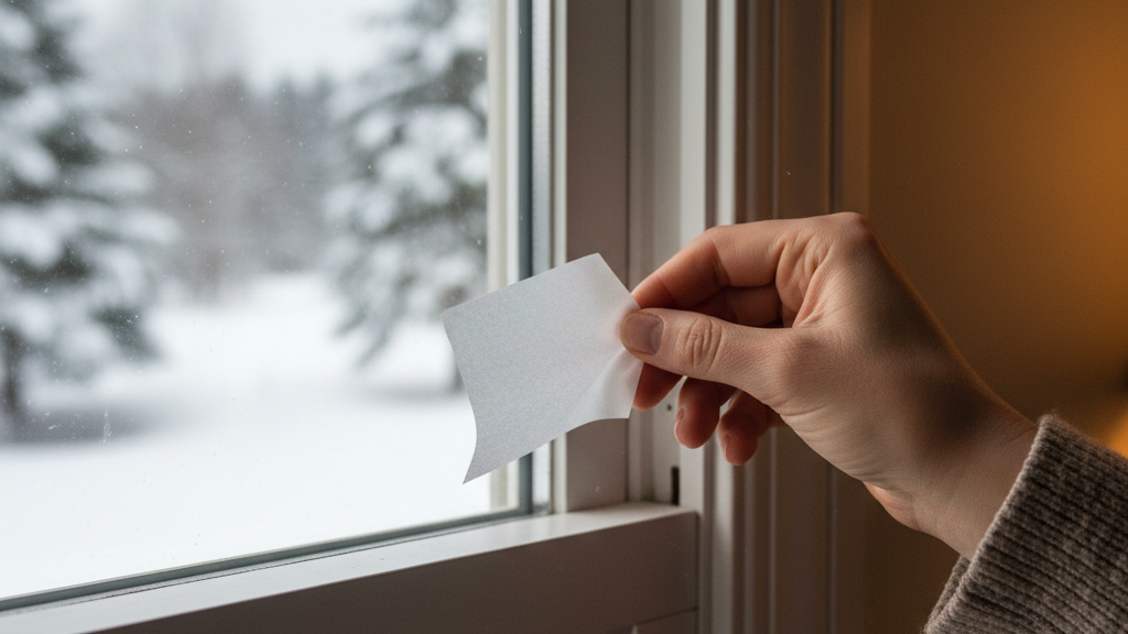 Homeowner testing for drafts by holding paper near a window frame to detect air leaks.