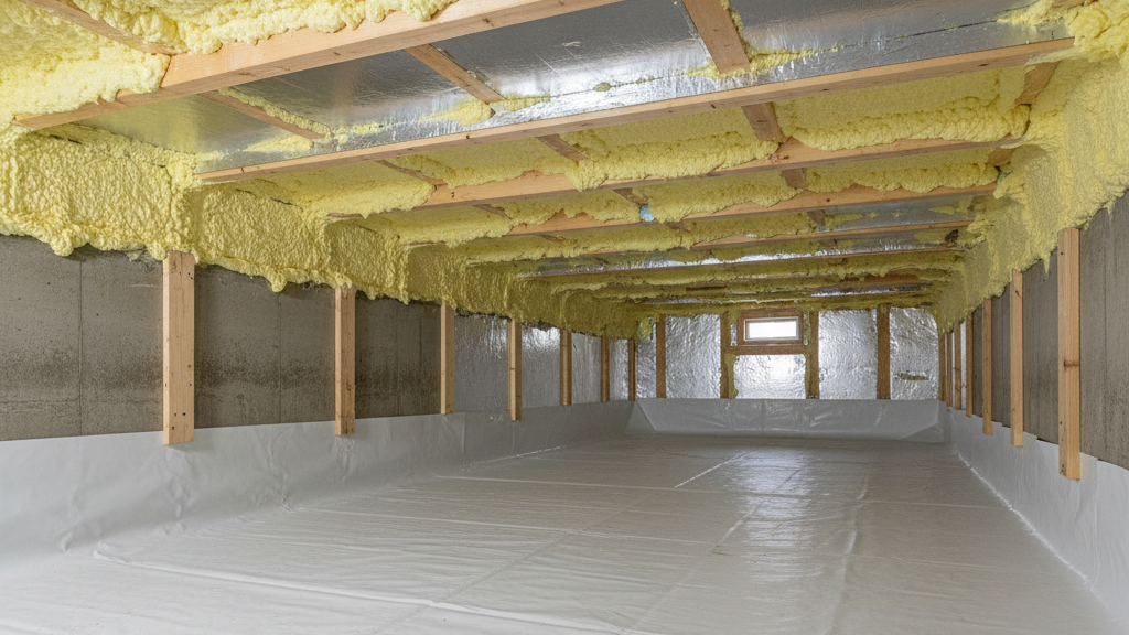 Spray foam insulation applied in a crawl space with moisture barrier for winter protection.