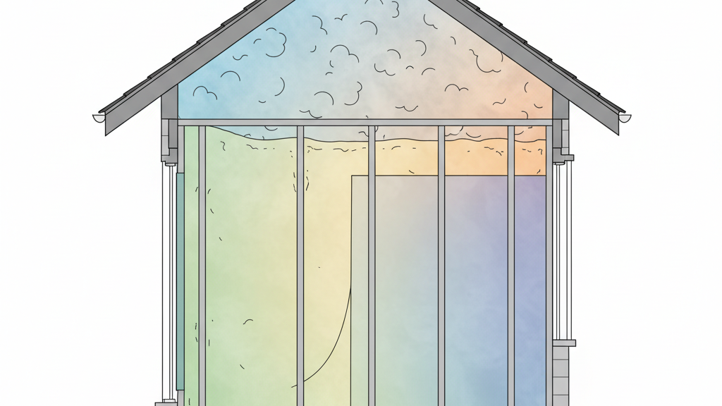 Cross-section illustration of attic and wall insulation layers representing differing R-value levels