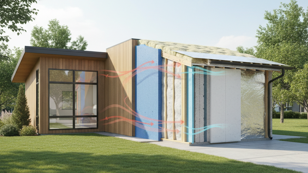 Home insulation layers and energy efficiency concept showing improved heat retention