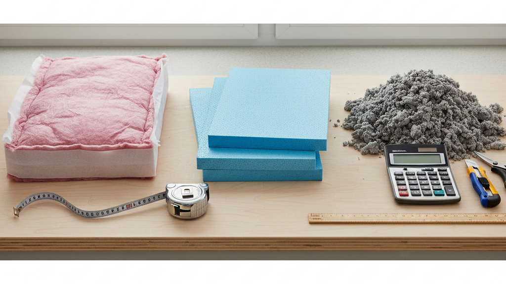 Insulation materials with measuring tools representing evaluation of R-value for home comfort