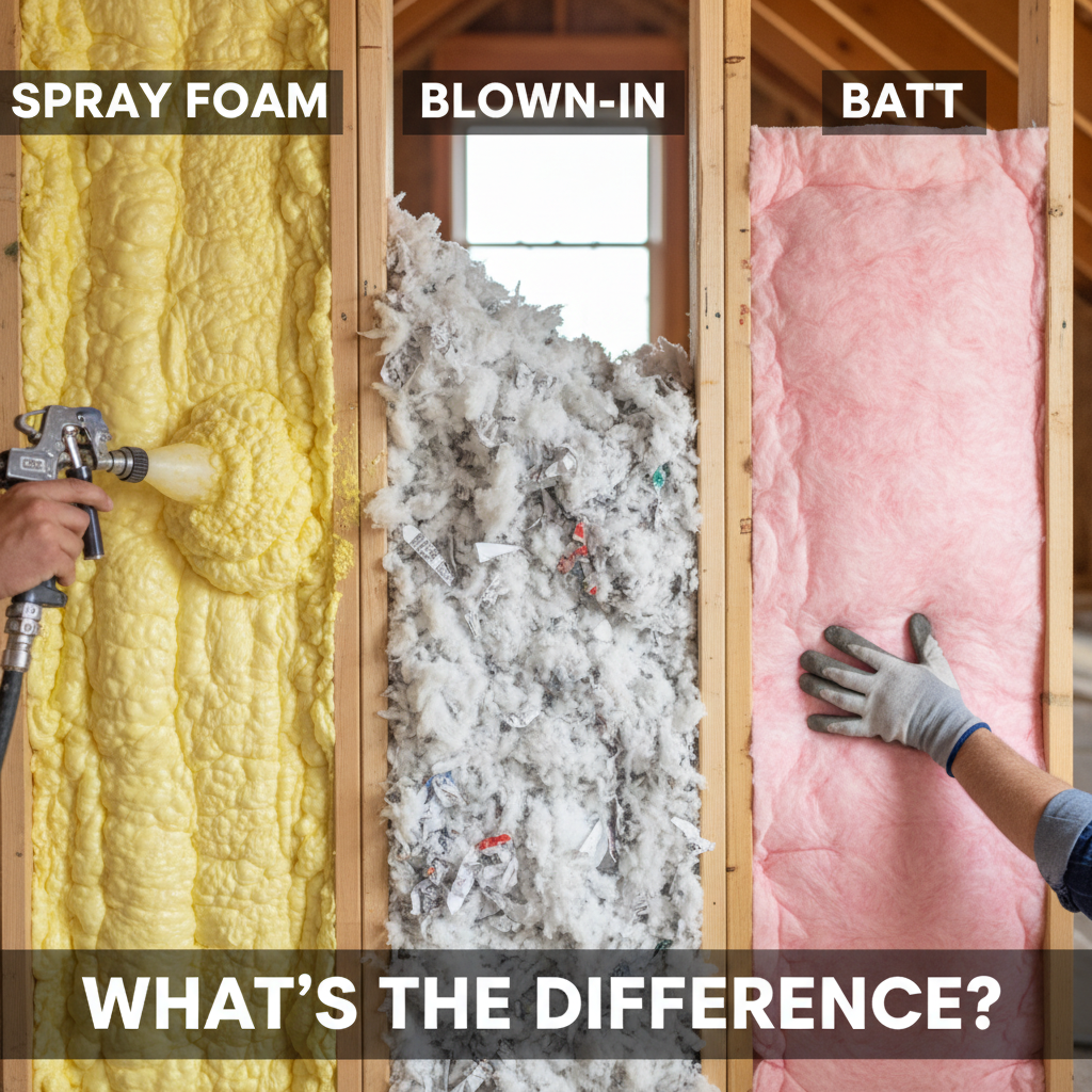 Spray foam, blown-in, batt insulation comparison. Home insulation types.