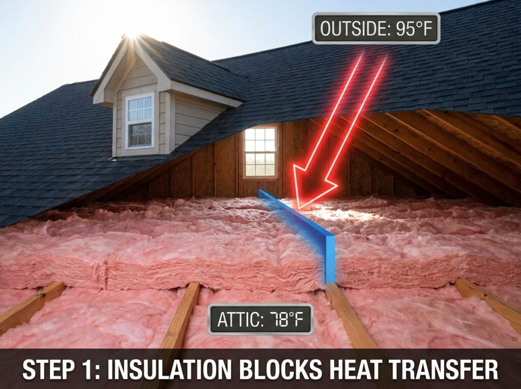 Professional illustration of Step 1: Understanding How Attic Insulation Blocks Summer Heat