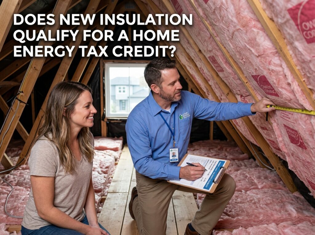 Contractor installing attic fiberglass insulation for energy efficiency and home energy tax credit savings