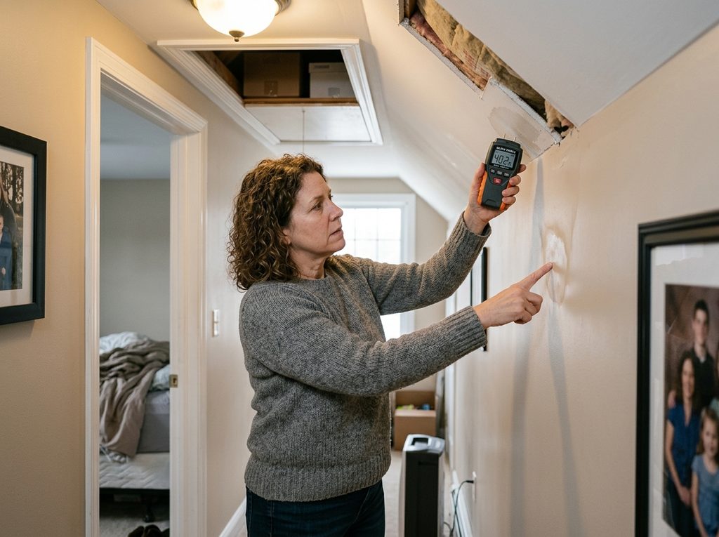 Homeowner using a temperature meter to check for drafts on an interior wall of an under-insulated home