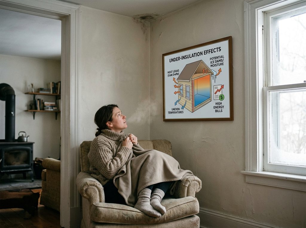 Homeowner wrapped in a blanket in a cold living room, a sign of an under-insulated home