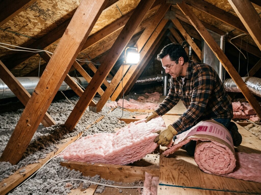 Contractor installing fiberglass attic insulation in a home before winter for energy efficiency.