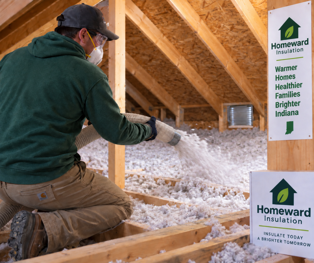 Contractor installing energy efficient attic insulation in a Central Indiana home for utility rebates.