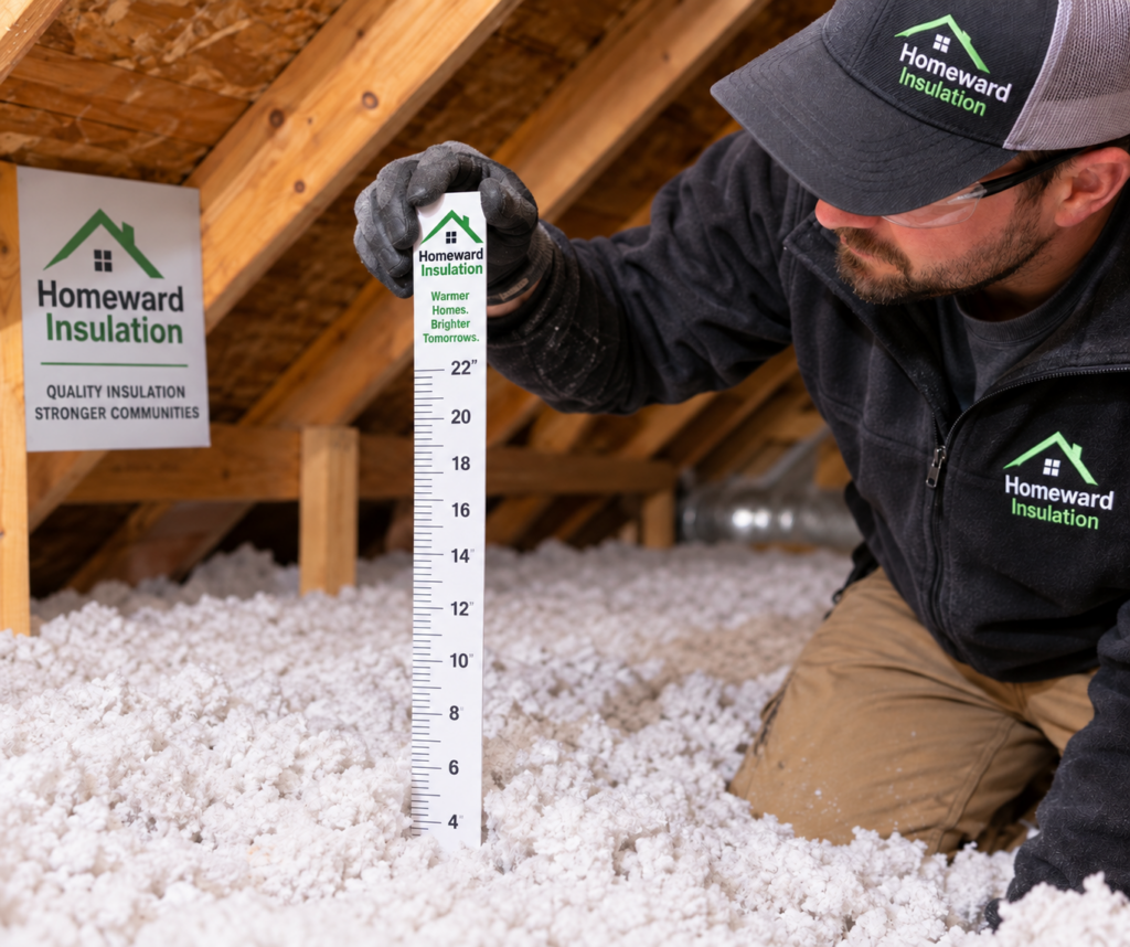 Contractor measuring blown-in attic insulation depth and R-value with a ruler in an Indiana home.
