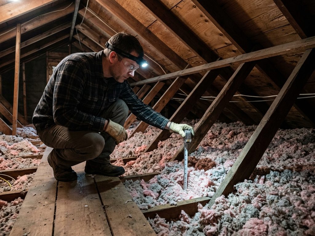 Inspector measuring blown-in insulation depth with a ruler between attic joists