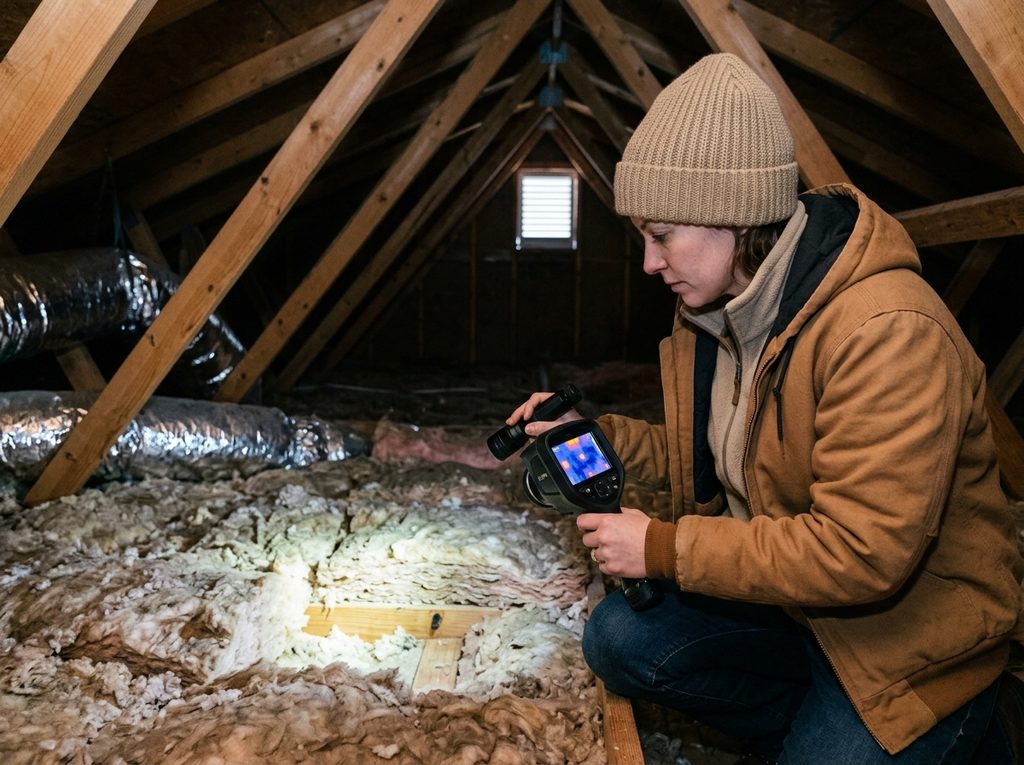 Technician using a thermal imaging camera to check attic insulation depth in an Indianapolis home