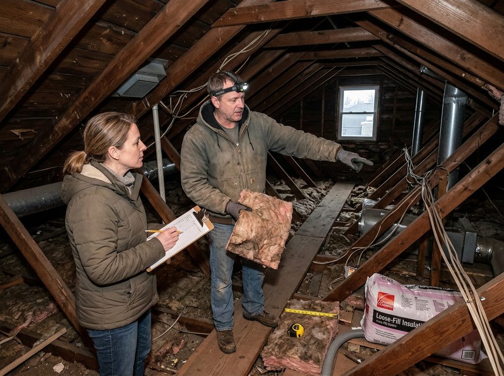 Insulation contractor and homeowner inspecting old attic insulation to estimate replacement cost