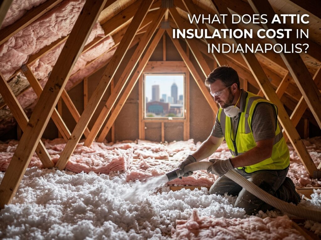 Indianapolis contractor installing blown-in attic insulation for a home energy cost estimate.