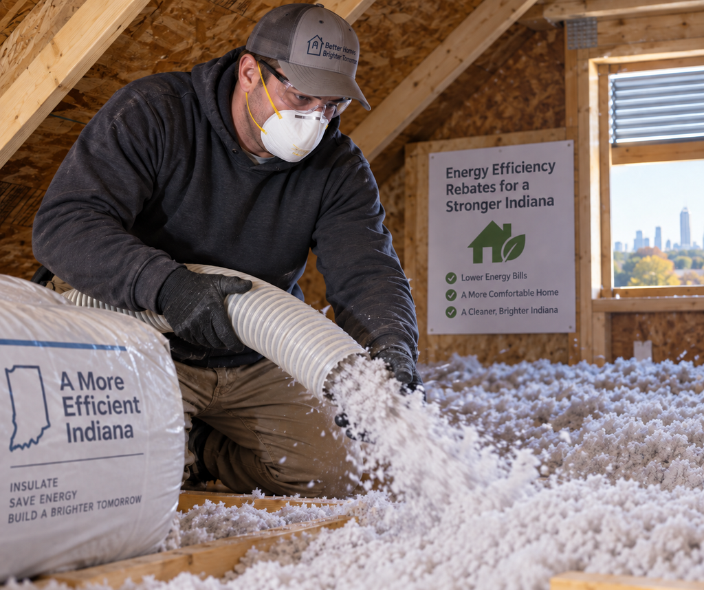 Technician installing energy-saving attic insulation in Central Indiana home for utility rebates.